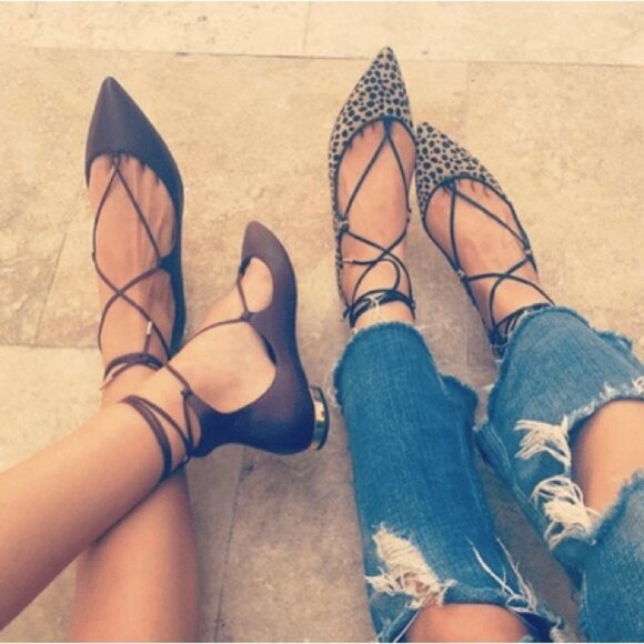 AQUAZZURA Christy Leopard-print Calf Hair Point-toe ankle wrap Flats 37.5 - Picture 10 of 16